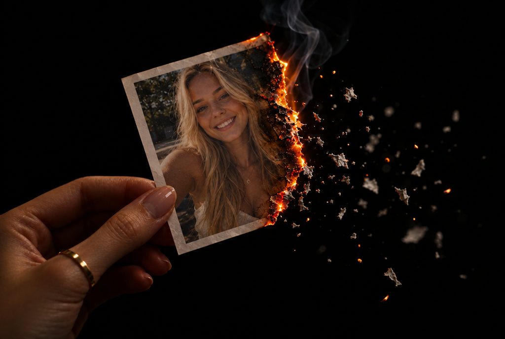 A photo of a woman burning to ash