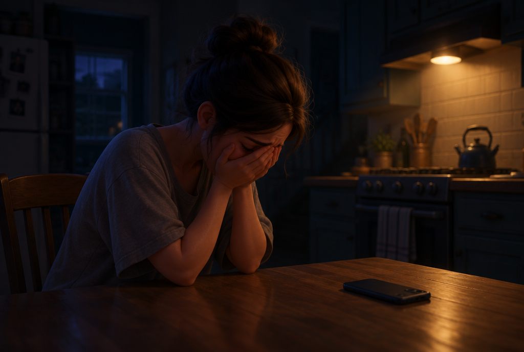 Illustration: a woman alone at the kitchen table at 2 a.m., face in her hands, phone face down