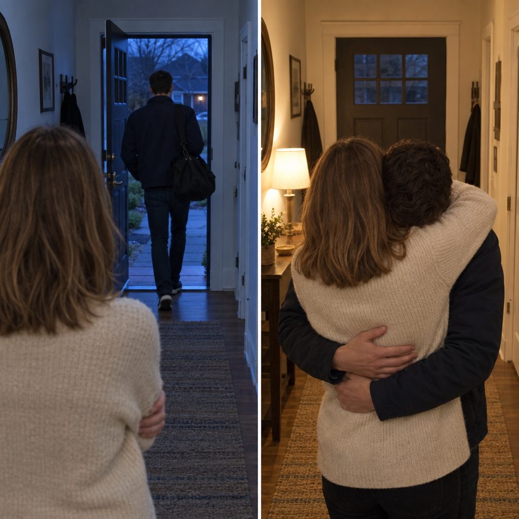 Left: he leaves with his gym bag while she watches. Right: the couple hugging at home.