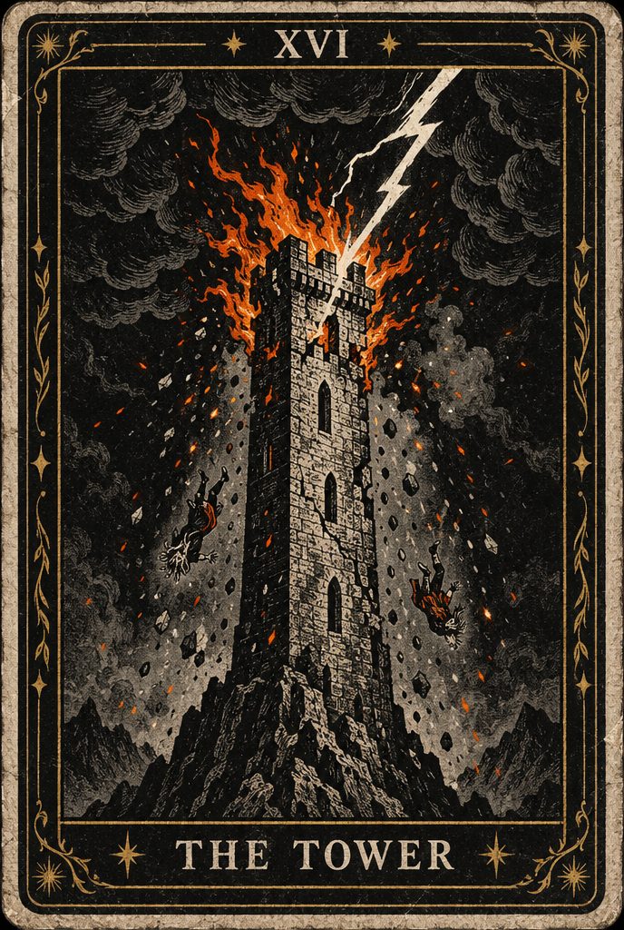 The Tower tarot card, number XVI