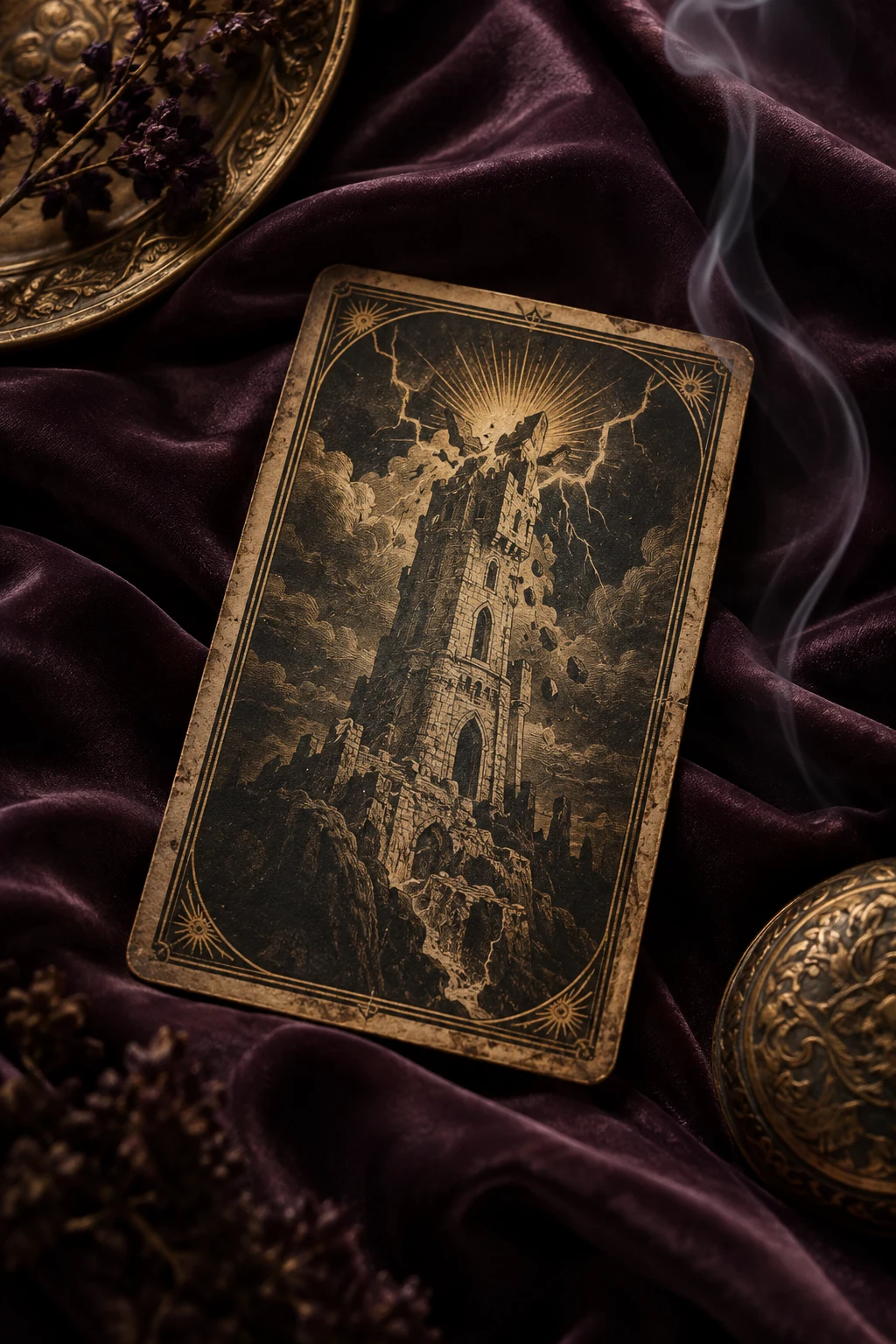 Decorative artwork of an antique Tower card on plum silk with gold details and drifting smoke